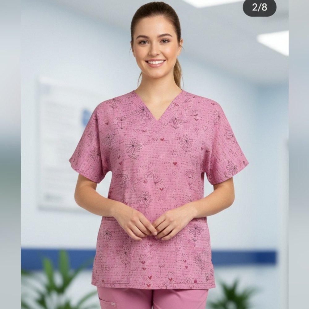 H.Q scrub top pink with daisies small